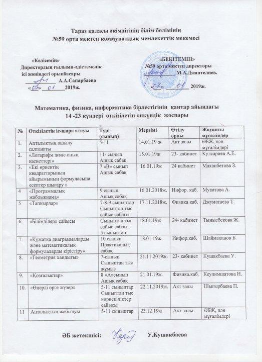 МИФ бірлестігінің апталығының жоспары