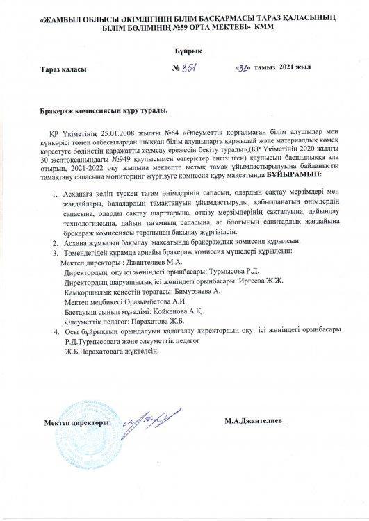 Бракераж комиссиясын құру туралы бұйрық