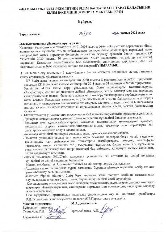 2021 оқу жылындағы Ыстық тамақты ұйымдастыру бұрығы