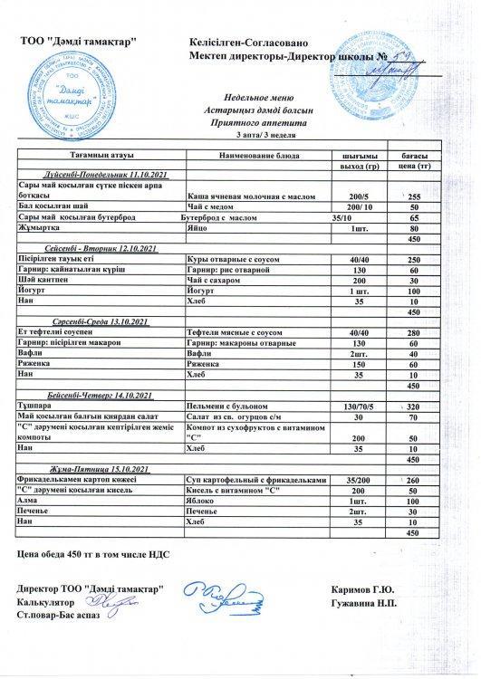 11-15.10.2021 жылғы апталық ас мәзірі