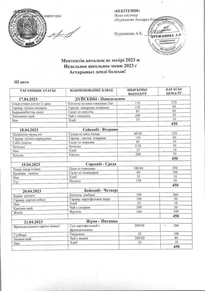17.04-21.04.2023 Апталық ас мәзірі