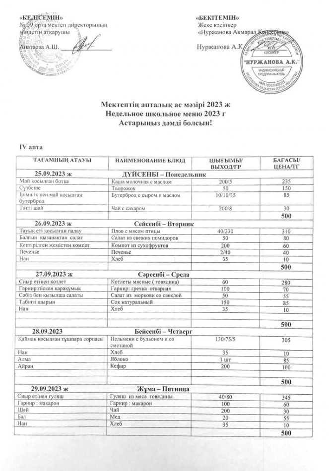25.09-29.09.2023 апталық ас мәзірі
