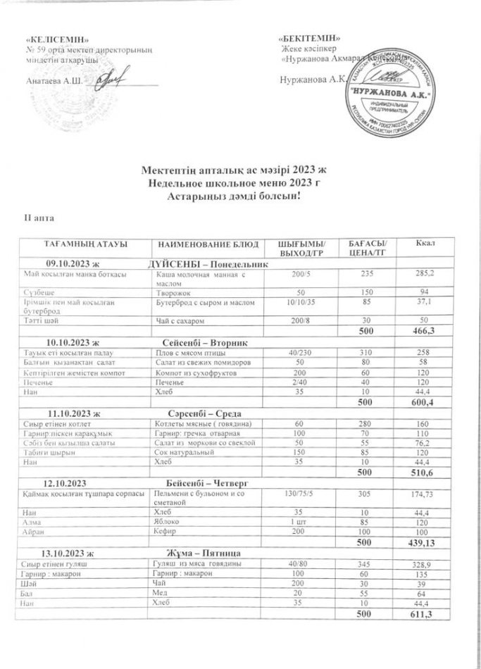 09.10-13.10.2023ж апталық ас мәзірі
