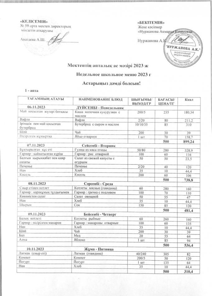 06.11-10.11.2023ж Апталық ас мәзірі