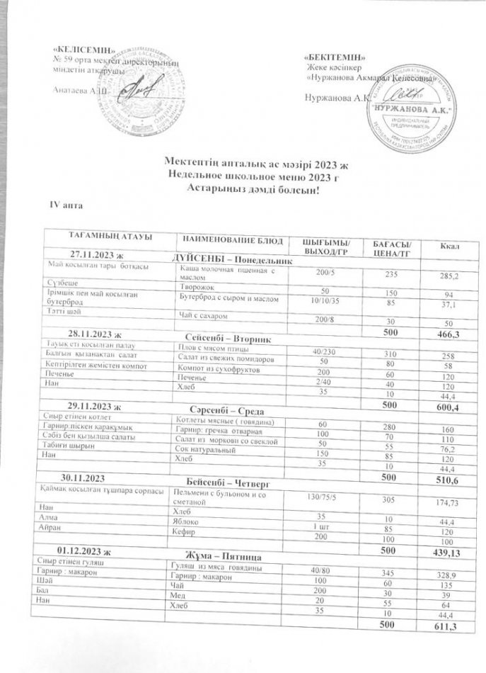 27.11-01.12.2023ж апталықас мәзірі