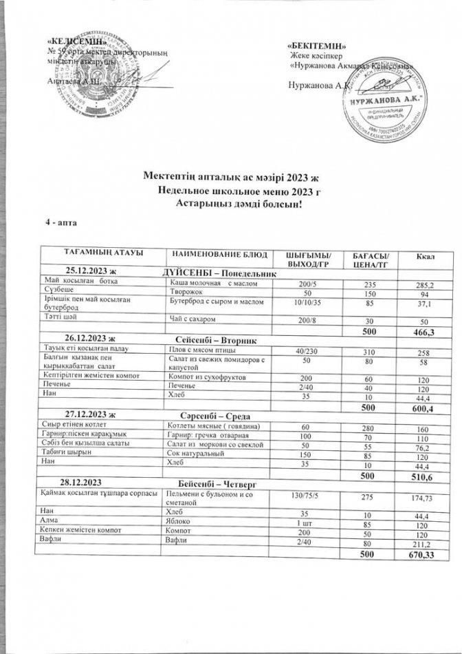 25.12-29.12.2023ж  апталық ас мәзірі