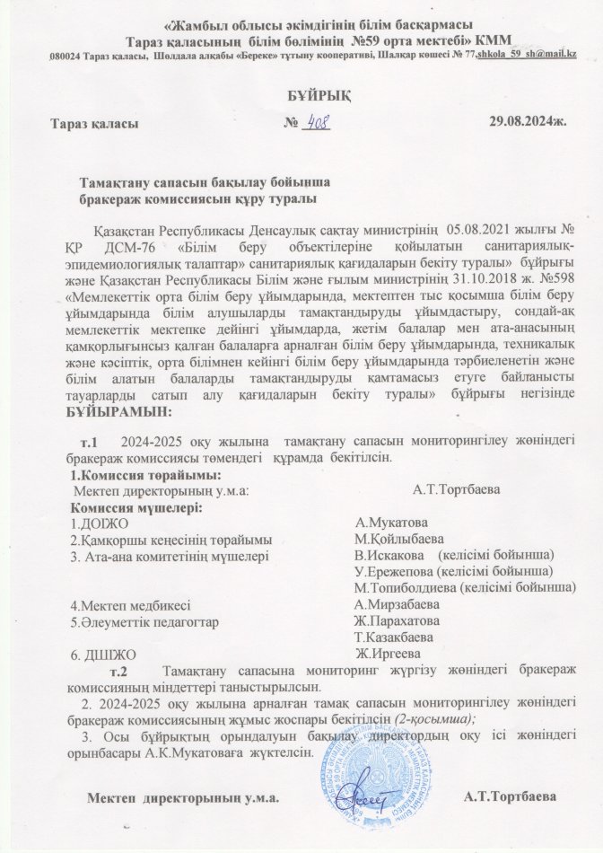 Бракераж комиссиясын құру туралы бұйрық